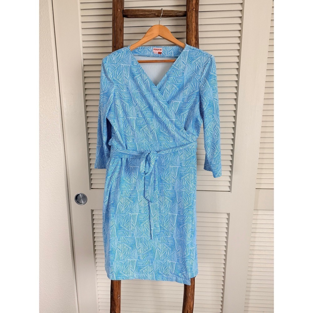 PERSIFOR Geometric Print Wrap Dress Blue White 3/4 Sleeve Career XL‎